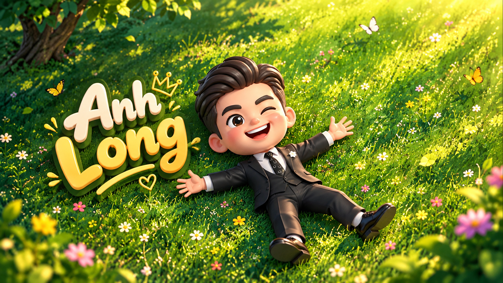 Minh họa chibi Anh Long trên đồng cỏ